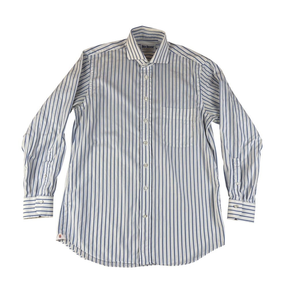Ben Silver 15.5-34 Dress Shirt Preppy Striped Cotton Herringbone Gusset